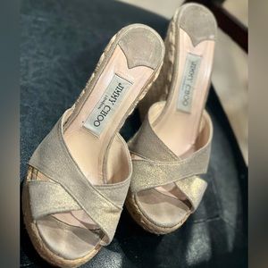 Jimmy Choo 8 Womens Shimmer Gold espadrille Wedge Crisscross pre owned size 38